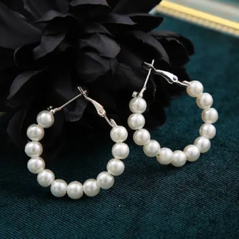 CLASSIC White Pearl Hoop Pierced Lever Back Earrings NWT